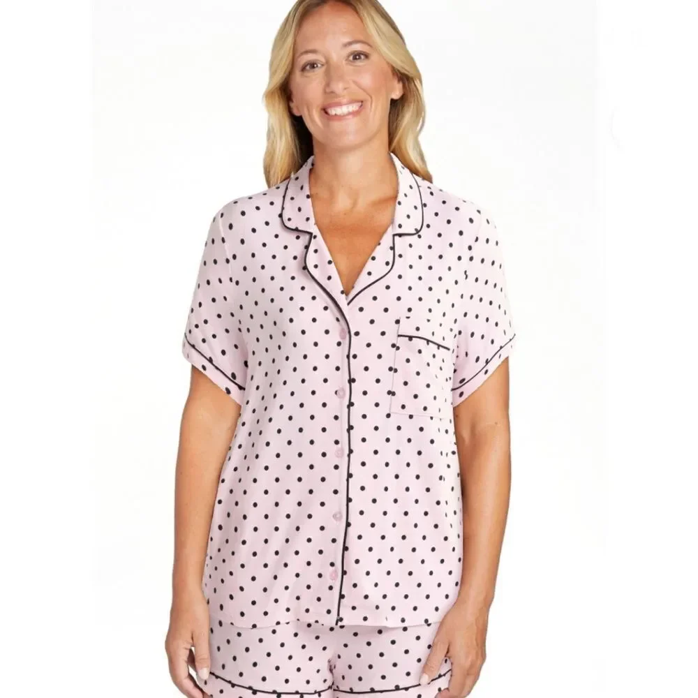 Dreamy Soft Short Sleeve Knit Notch Collar Top & Shorts Pajama 2-Pc Set Size M